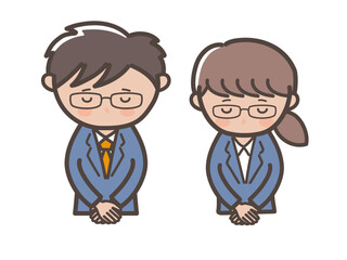 頭を下げて謝るメガネ男子とメガネ女子のビジネスマンのイラスト