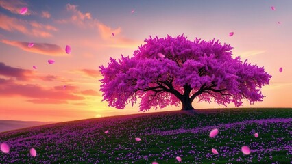 Obraz premium Enchanting Sunset with a Majestic Pink Cherry Blossom Tree: Perfect for Wall Art, Desktop Backgrounds, and Home Decor