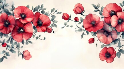 Obraz premium Colorful red poppies in a floral arrangement with delicate green foliage
