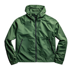 Men's green rain jacket isolated on white & transparent a background.