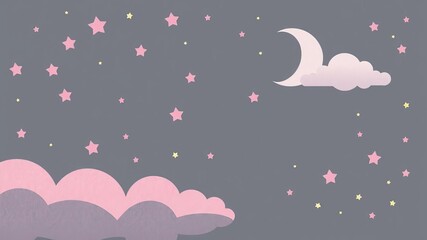 adorable nursery wall art featuring a white smiling moon and fluffy cloud on a pink gray background with stars in an abstract sky, wall art, vector art