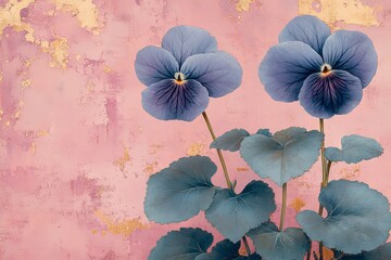 Serene Pansies on Pink: Two delicate blue pansies with silvery-green leaves grace a textured pink backdrop, creating a tranquil and elegant floral scene.  