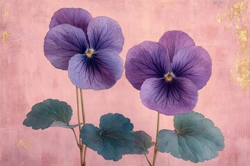 Delicate Purple Pansies on Pink:  A pair of purple pansies with delicate blue-green leaves on a soft pink background evoke a sense of gentle beauty and tranquility.  