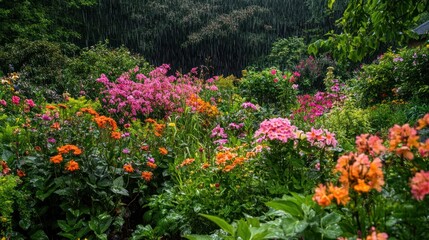 Fototapeta premium Rain Shower Over Lush Colorful Garden Flowers