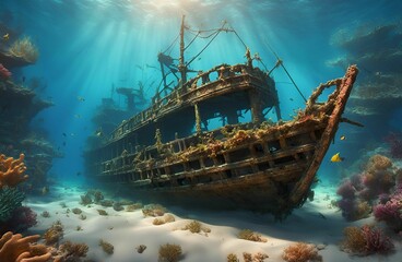 A shipwreck resting on the ocean floor, its remains partially buried in sand and encrusted with vibrant coral, seaweed, and marine growth