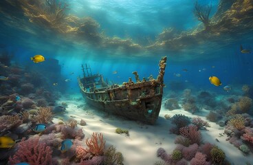 A shipwreck resting on the ocean floor, its remains partially buried in sand and encrusted with vibrant coral, seaweed, and marine growth