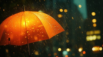 A vibrant orange umbrella stands out against a rainy urban backdrop, illuminated by city lights.