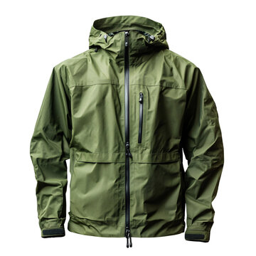 Men's green rain jacket isolated on white & transparent a background.