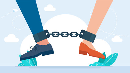 Couple with chain on legs. Husband and wife shackled. Dependence. Divorce of man and woman. Choosing good partner for marriage. Dissolution of spouses after quarrel. Flat illustration