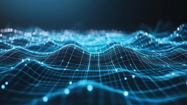 Abstract blue digital wave grid background.
