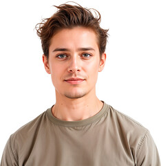 Obraz premium A man with short brown wavy hair wearing a gray tshirt against a transparent background