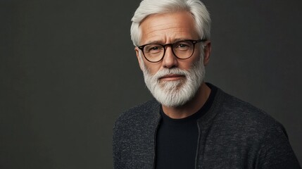 Fototapeta premium Elderly man with silver hair and beard smiles warmly against a neutral backdrop