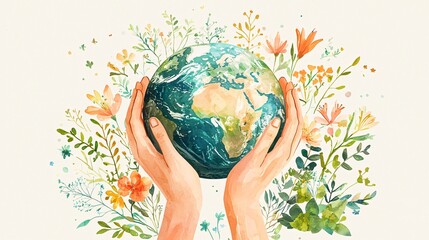 Earth held gently in hands surrounded by vibrant flowers and greenery