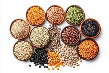 Fototapeta premium Variety of legumes in wooden bowls; perfect for healthy eating, cooking blogs, or food packaging.