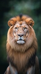 Majestic lion with a thick mane gazing directly at the camera in a lush green environment