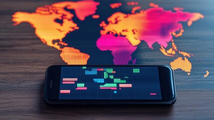Mobile payment and authentication, A smartphone displaying data visualization overlays a colorful world map, emphasizing global connectivity and digital analytics.