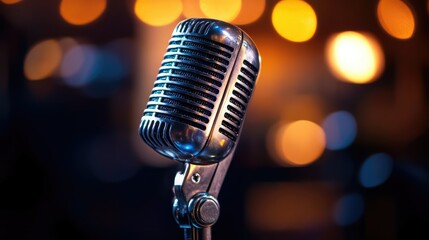 A vintage microphone stands prominently, illuminated by soft, colorful bokeh lights.