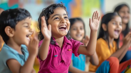 Happy Indian children clap and laugh in a classroom.