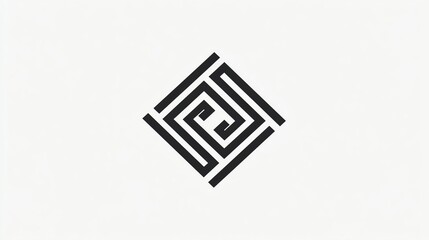 Black and white geometric logo with concentric squares and a maze-like design.