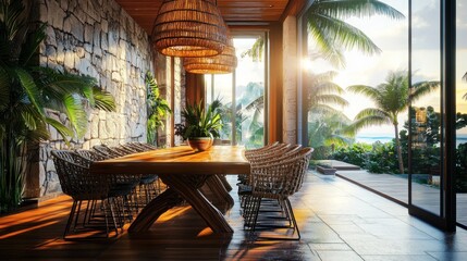 Fototapeta premium Tropical Dining Room With Ocean View And Woven Chairs