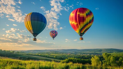 Obraz premium Three colorful hot air balloons soar over a scenic green valley.