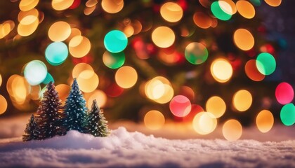 Miniature trees on snow with colorful bokeh lights, creating a festive holiday scene