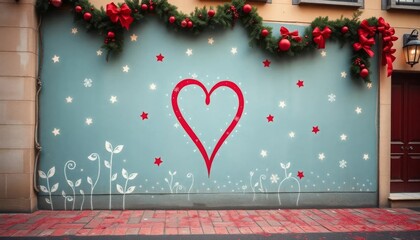 Red heart mural with stars and garlands on a festive city wall