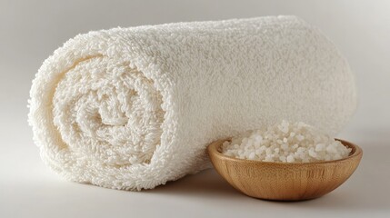 Soft White Towel Rolled with Natural Sea Salt in Wooden Bowl