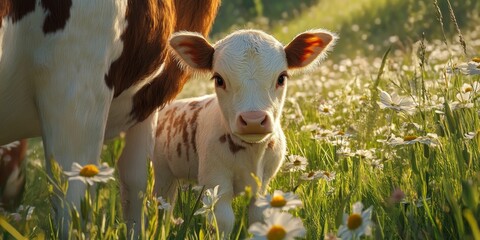Calf Standing Next to a Cow in a Sunlit Meadow Surrounded by Wildflowers on a Beautiful Day in Spring or Summer with Nature Background