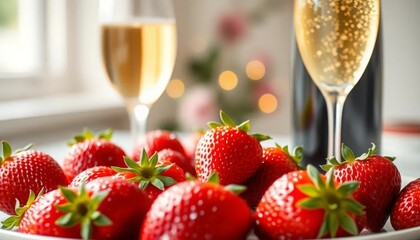 Fresh strawberries and champagne glasses create an elegant and festive celebration scene