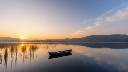 Naklejka premium Serene Sunrise Over Calm Lake with Lonely Boat Reflecting Golden Skies and Majestic Mountains