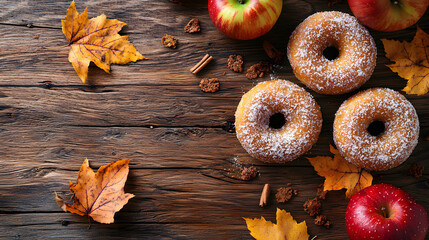 Freshly baked apple cider donuts surrounded by apples and autumn leaves evoke cozy fall atmosphere. soft, spiced donuts are perfect for seasonal enjoyment