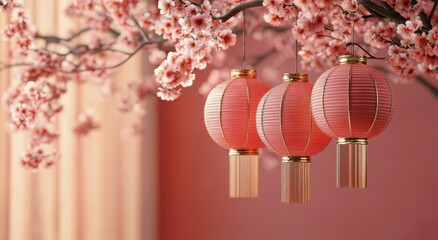 Elegant pink lanterns hanging near blooming cherry blossom branches in serene interior setting