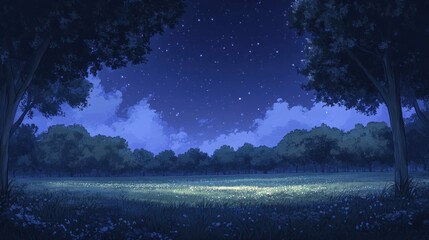 Serene Nighttime Meadow Surrounded by Trees Under Starlit Sky