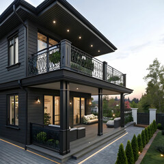 Fototapeta premium a black house with a balcony and a balcony