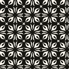 Vector black and white floral seamless pattern. Abstract minimal geometric ornament with flowers in oriental style. Simple monochrome background.