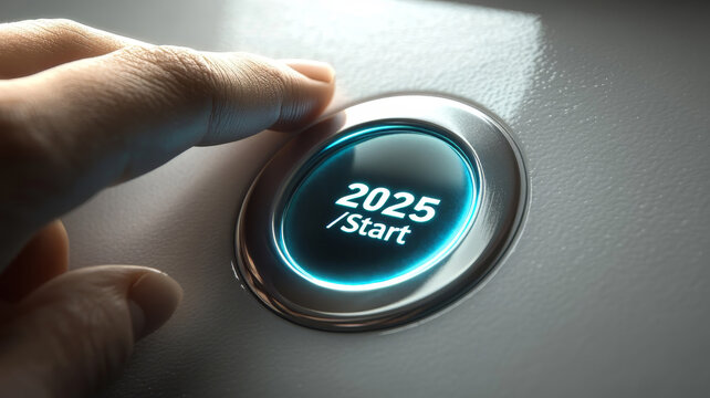 Futuristic glowing "2025 Start" button on sleek textured surface Futuristic glowing "2025 Start" button on sleek textured surface,  symbolizing new year beginnings