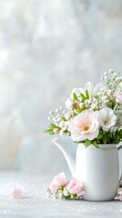 Fototapeta premium Fresh white flowers in a watering can against a blurred background of soft light