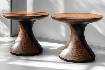 Two modern wooden side tables with hourglass-shaped bases, showcasing rich wood grain and a contrasting black finish.
