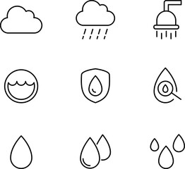 Water drops icon set. Editable vector water line icons. A drop of water. Washing, shower. Vector illustration