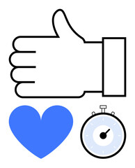 Thumbs up blue heart and stopwatch. Ideal for themes of approval, positivity, time management, love, productivity, speed, efficiency. Line metaphor
