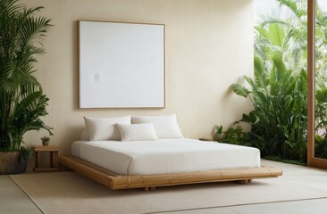 Modern minimalist bedroom with bamboo bed and lush indoor plants in bright natural light