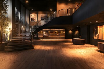 Modern interior space with a staircase and art displays.