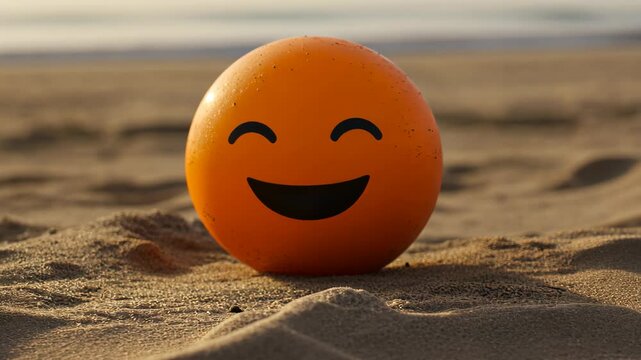 Bright orange smiley ball resting in warm sand by the ocean during sunset