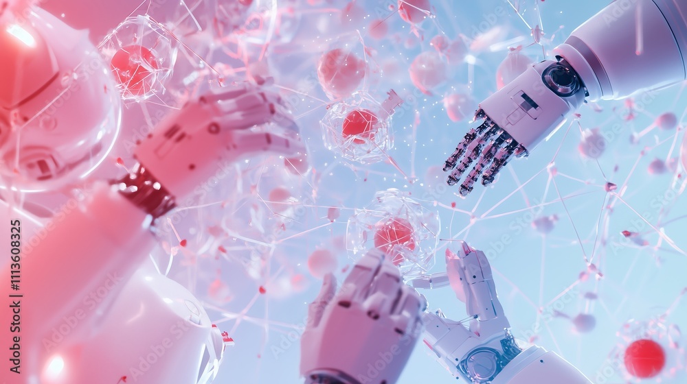 Poster robots interacting with digital data in a futuristic environment, showcasing advanced technology and
