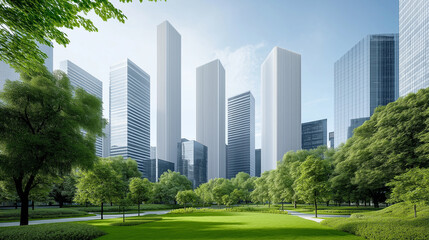 Obraz premium A delicate balance between the urban and the natural, as towering skyscrapers are embraced by lush greenery,Harmonious,Metropolis.