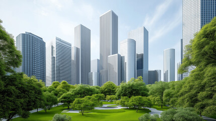 Obraz premium A delicate balance between the urban and the natural, as towering skyscrapers are embraced by lush greenery,Harmonious,Metropolis.