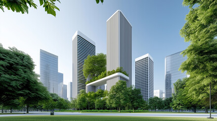 Obraz premium A delicate balance between the urban and the natural, as towering skyscrapers are embraced by lush greenery,Harmonious,Metropolis.