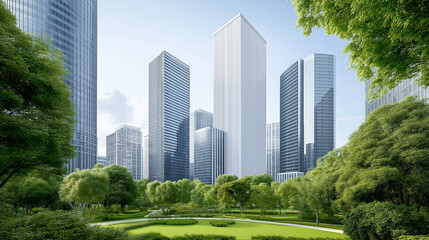 Obraz premium A delicate balance between the urban and the natural, as towering skyscrapers are embraced by lush greenery,Harmonious,Metropolis.