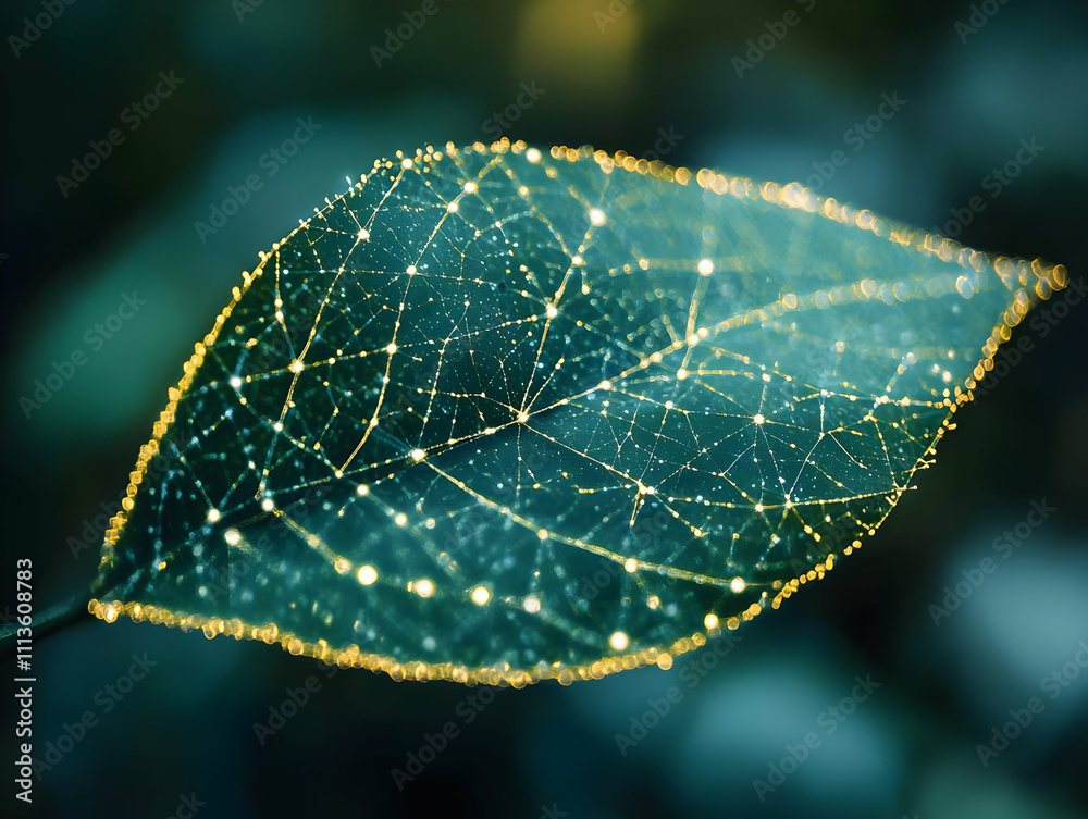 Poster A close-up of a leaf illuminated with sparkling details, showcasing nature's intricate patterns.